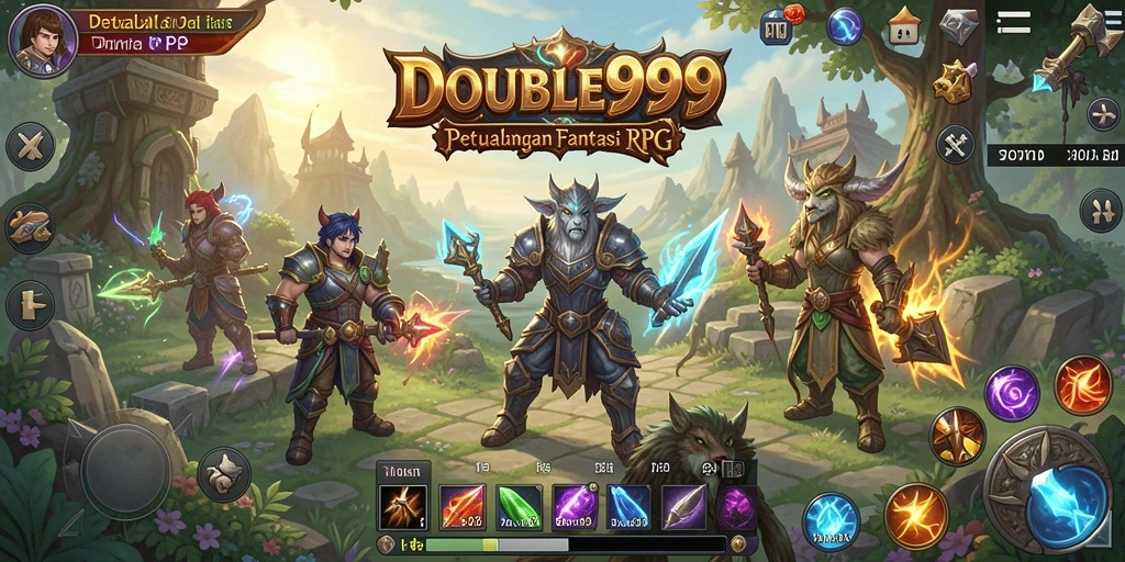 Screenshot utama menunjukkan pertarungan epik dan petualangan karakter di dunia RPG.
