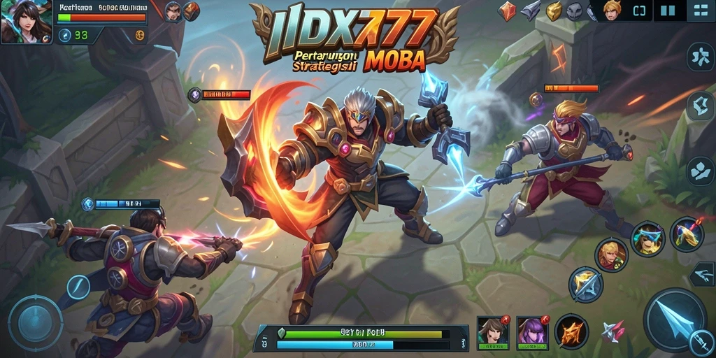 Screenshot gameplay menunjukkan pertempuran intens di arena MOBA.