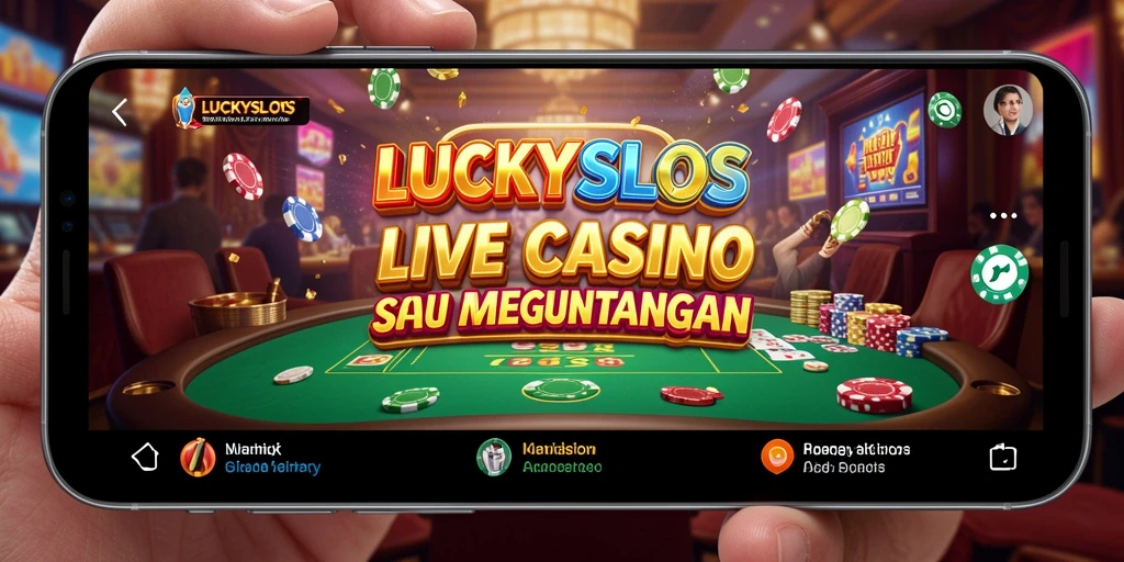 Screenshot gameplay LUCKYSLOTS dengan dealer langsung dan suasana kasino.