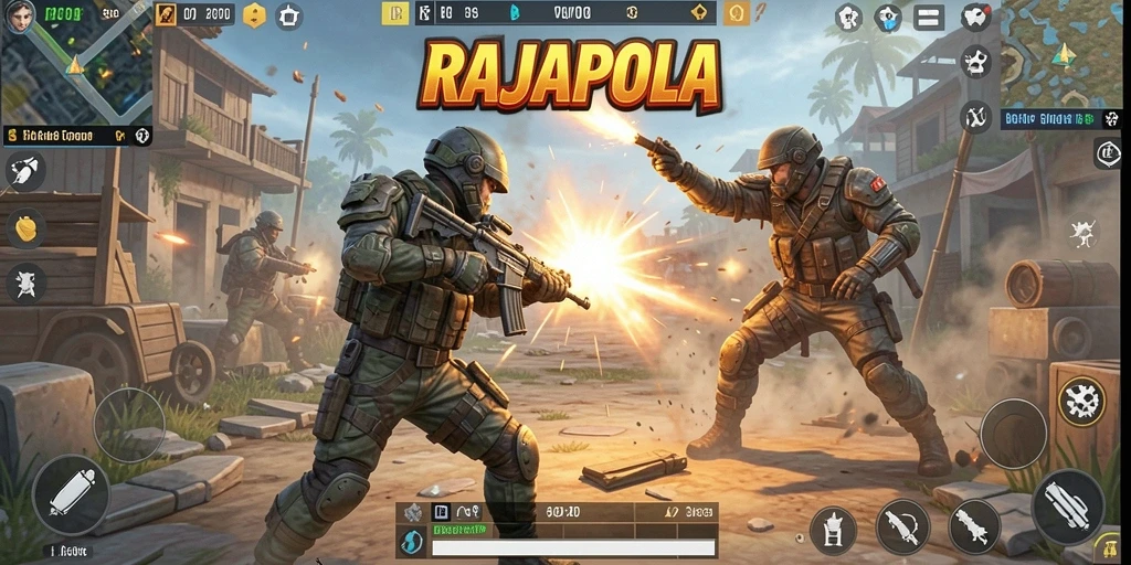 Screenshot gameplay RAJAPOLA yang menunjukkan pertarungan seru dalam arena Battle Royale.