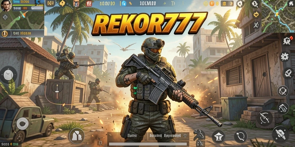 Screenshot utama REKOR777 menampilkan aksi Battle Royale yang mendebarkan.