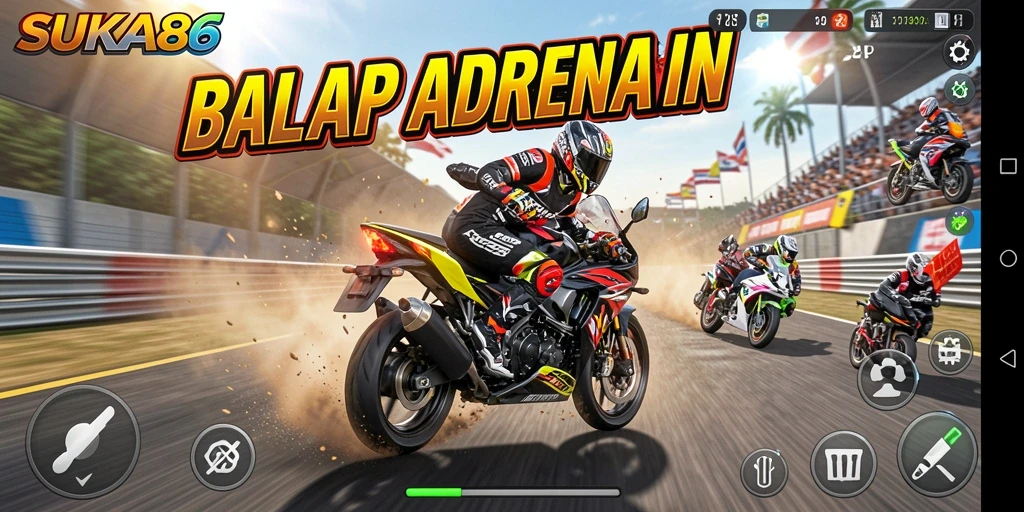Tampilan gameplay seru dalam SUKA86 saat balapan motor.