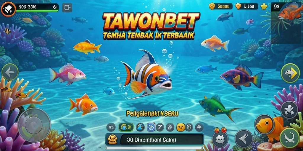 Screenshot menunjukkan gameplay seru TAWONBET dengan aksi menembak ikan.