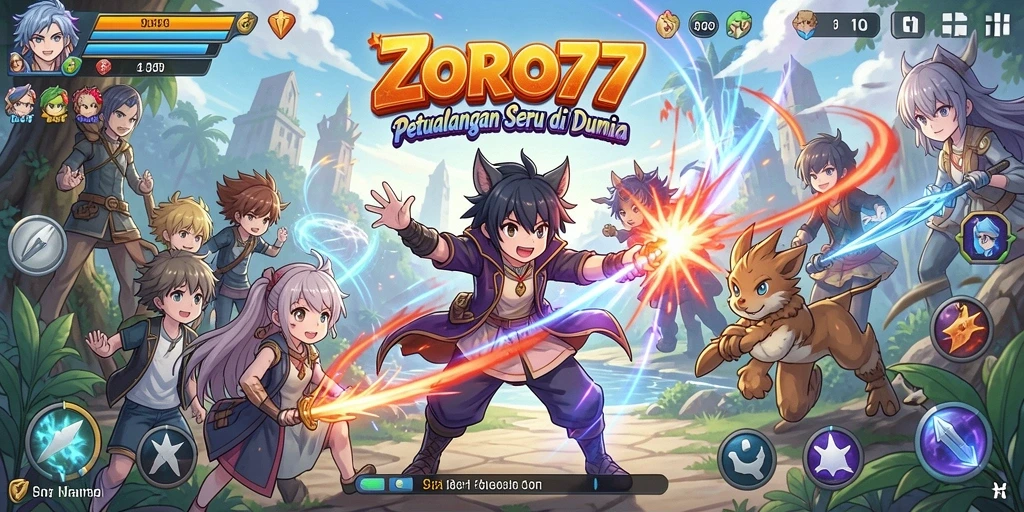 Tampilan gameplay ZORO77 menampilkan aksi seru dan karakter Anime ikonik.